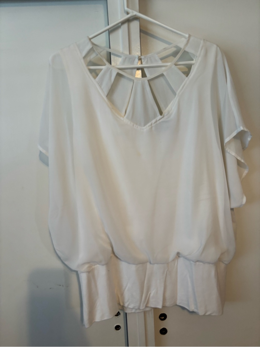 Elegant Women's White Cutout Layered Blouse Stretchy Lined 1X